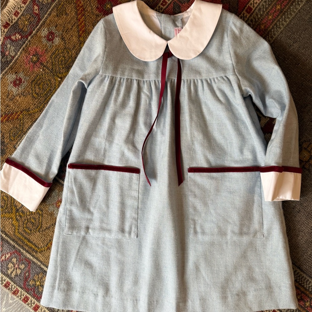 La Coqueta Light Blue Dress with White Collar and Red Accents